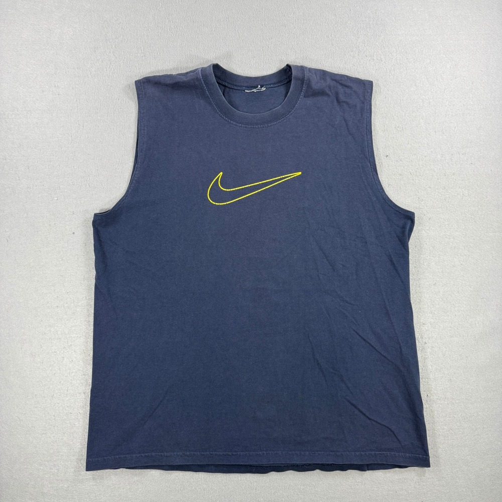 Vintage Nike Sleeveless Shirt Mens Large Navy Big Swoosh Muscle Tank Top Run Gym